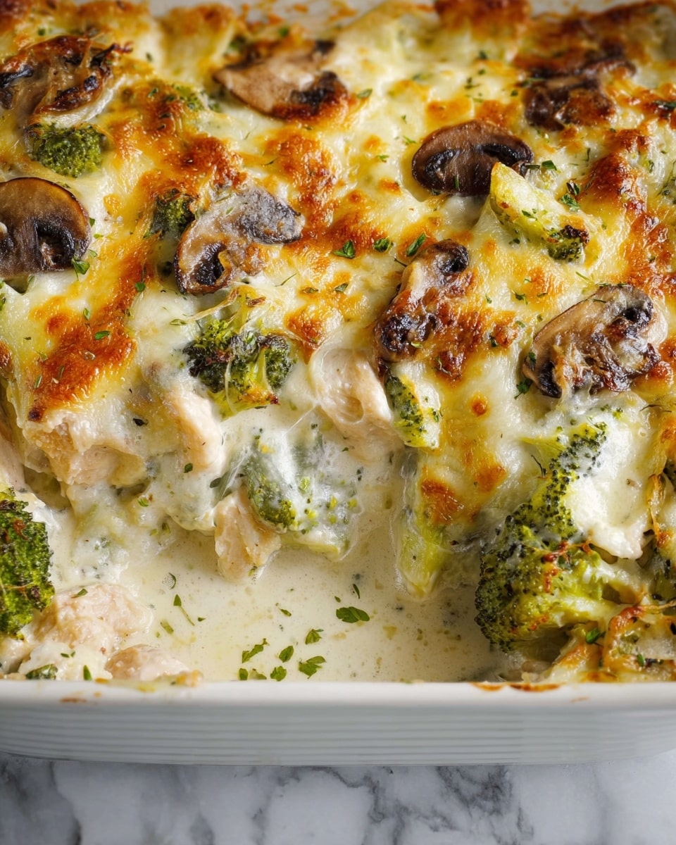 The dish shows a white baking dish filled with a creamy baked casserole that has three main visible layers. The bottom layer is made of green broccoli pieces mixed with pale chicken pieces. The middle layer is a thick white sauce that spreads evenly across the dish. The top layer is golden melted cheese with browned spots and scattered slices of brown mushrooms and small green herb bits. The dish’s texture looks soft and creamy with some bubbly cheese on top. The background is a white marbled surface. photo taken with an iphone --ar 4:5 --v 7