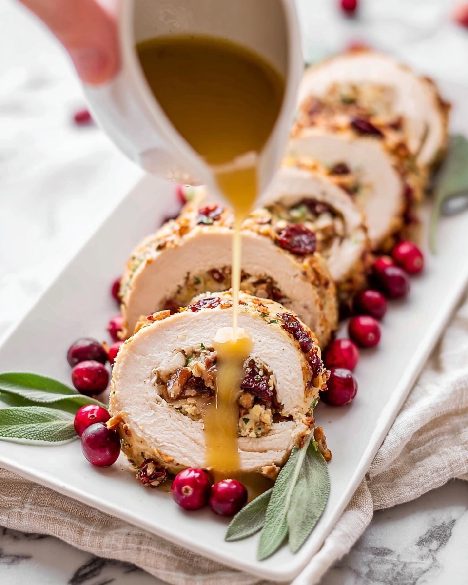 The image shows four slices of stuffed turkey roulade arranged in a row on a white rectangular plate. Each slice has a golden-brown outer layer of cooked turkey, with a thick stuffing inside made up of chopped nuts, red cranberries, and herbs, visible as textured layers. Fresh green sage leaves and bright red whole cranberries are placed around the slices on the plate for decoration. A white gravy boat, held by a woman's hand, is pouring a smooth, golden-colored sauce over the first slice in the foreground. The plate rests on a white marbled surface with a light-colored cloth beneath it. photo taken with an iphone --ar 4:5 --v 7