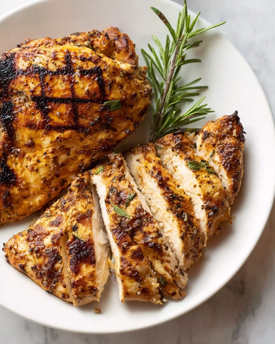 The image shows two pieces of grilled chicken on a large white plate, placed on a white marbled surface. One piece of chicken is whole with a golden-brown, slightly charred checkered texture on top, garnished with a small sprig of fresh green rosemary positioned near the bottom right of the piece. The other chicken piece is sliced into four thick pieces, revealing white, juicy meat inside with a golden brown crust on the outside, leaning slightly to the left. The light highlights the moist texture of the meat and the rough, seasoned surface of the chicken. The overall colors are warm shades of brown with green accents from the rosemary. photo taken with an iphone --ar 4:5 --v 7