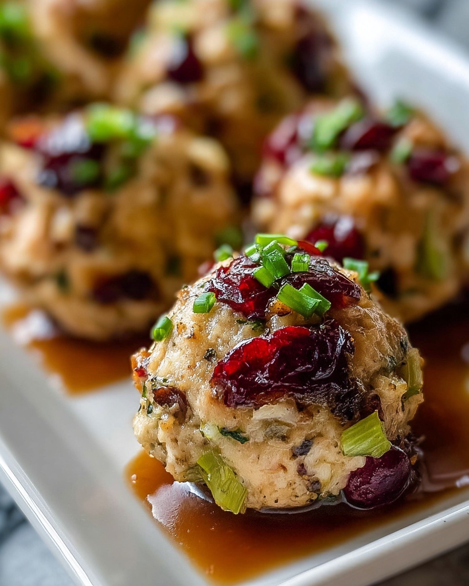 The image shows round stuffing balls placed on a white rectangular plate with a little brown sauce around the base of the front ball. Each ball is golden brown on the outside with bits of green celery and bright red cranberries visible throughout the porous, soft texture. Chopped green herbs are sprinkled on top and throughout the stuffing. The background is a white marbled surface, blurred out, making the front stuffing ball the clear focus of the image. photo taken with an iphone --ar 4:5 --v 7