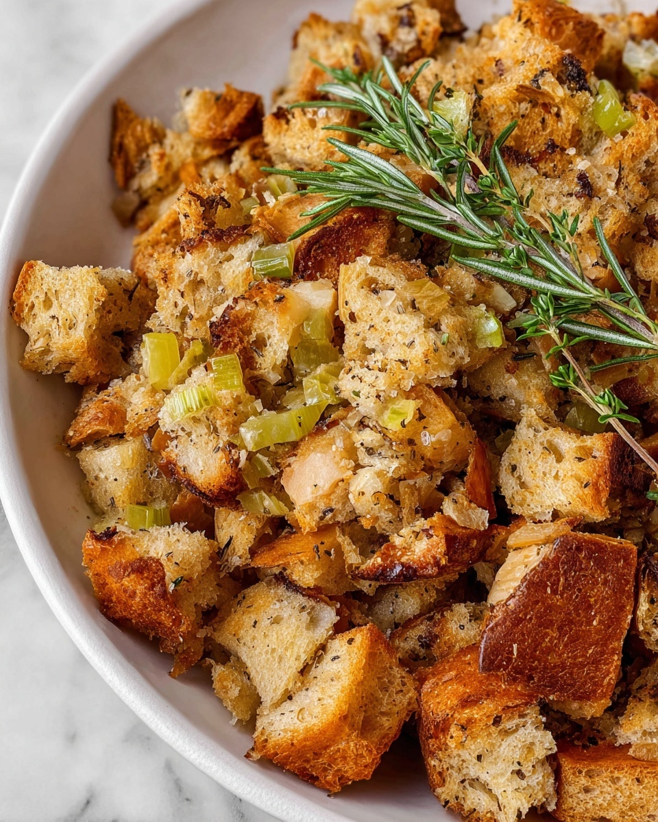 This close-up shows a white bowl filled with a toasted bread dish, made from chunks of golden brown and light beige bread cubes mixed with small pieces of green celery. The texture looks crisp on the outside yet soft inside with visible small black pepper bits. On top of the bread mixture, fresh green sprigs of rosemary and thyme lay casually, adding a touch of natural color. The bowl sits on a white marbled surface, highlighting the warm colors of the dish. photo taken with an iphone --ar 4:5 --v 7
