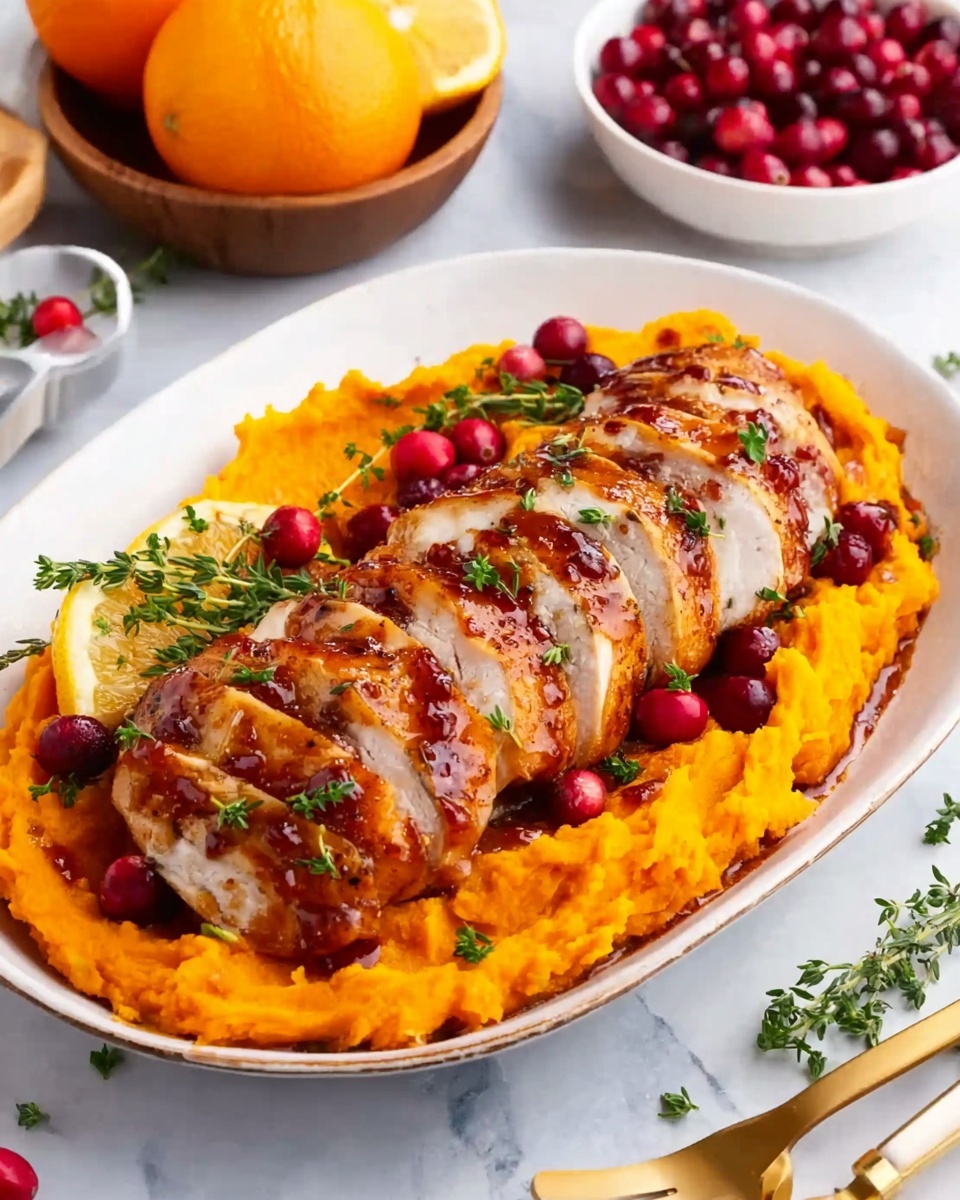 A white oval plate on a white marbled surface holds a layer of bright orange mashed sweet potatoes spread evenly. On top of this is a row of thick, sliced chicken pieces with a golden brown, slightly crispy skin and white juicy meat inside. The chicken slices are glazed with a shiny, reddish sauce and sprinkled with fresh green herbs and whole red cranberries. A lemon wedge peeks from behind the chicken at the edge of the plate. Nearby are a golden fork, a white bowl of cranberries, and a wooden bowl with oranges. Photo taken with an iphone --ar 4:5 --v 7