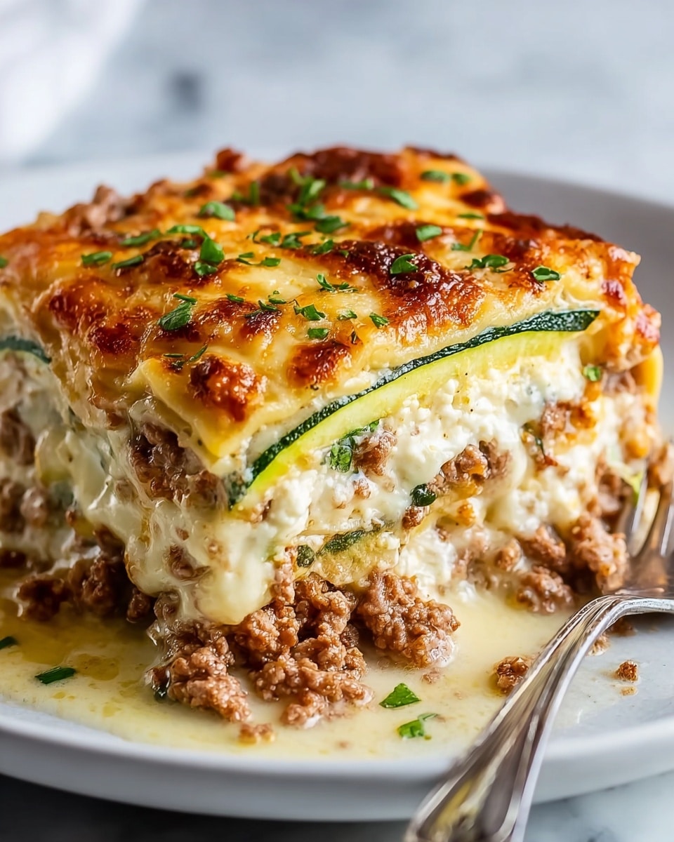 A close-up image of a thick slice of lasagna on a white plate, showing multiple layers with different textures and colors. The bottom layer has cooked brown ground meat with some sauce and bits of green herbs. Above that, there is a layer of melted white cheese mixed with thin slices of green zucchini. The top layer is covered with melted cheese that is browned and bubbly, sprinkled with small green herb pieces. The lasagna looks moist with creamy sauce melting around the edges. A silver fork rests on the plate near the lasagna, and the background is a white marbled texture. Photo taken with an iphone --ar 4:5 --v 7