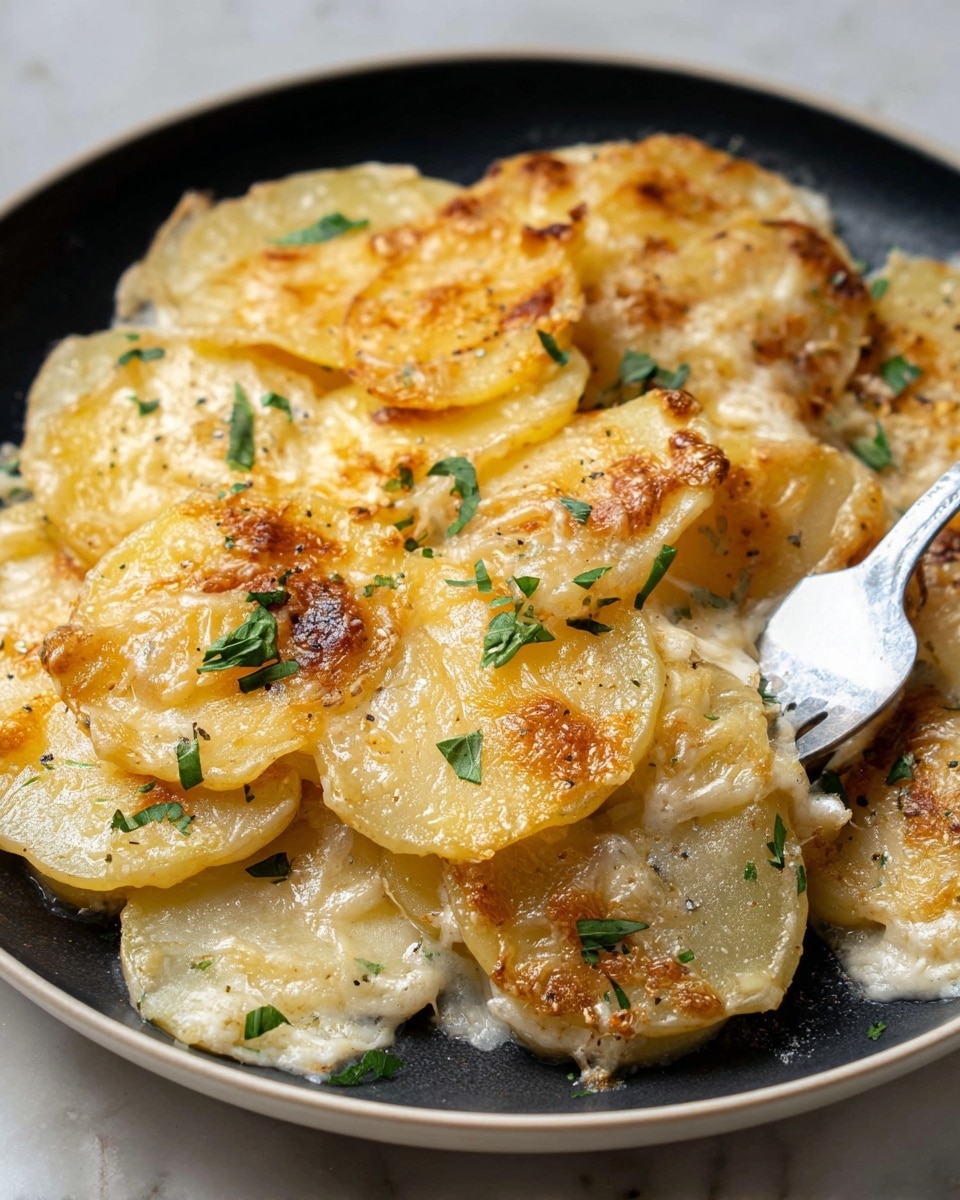 The dish shows a close-up of thinly sliced golden and pale yellow potato layers cooked with melted cheese on top, with some brown and crispy edges. The potato slices are creamy and soft, layered in overlapping circles. Small pieces of fresh green herbs are scattered on the potatoes, adding a pop of color. A silver fork is resting on the right side of the food, touching the potatoes. The dish is served on a white plate with a white marbled background. photo taken with an iphone --ar 4:5 --v 7