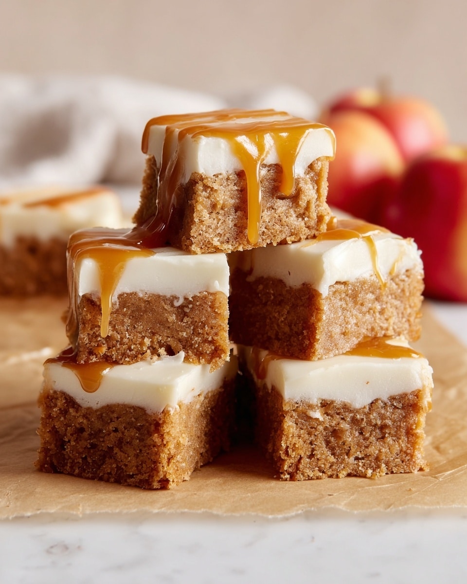 The image shows a stack of small square cake pieces on a white marbled surface with light brown parchment paper underneath. Each piece has two layers: a moist, crumbly light brown cake base and a smooth white frosting layer on top. The upper piece in the stack has a shiny golden caramel sauce dripping down the sides, adding a thick, glossy texture to the white frosting. In the background, there are two red apples with a subtle soft white cloth visible behind them. The overall look is warm and inviting, centered on the close-up of the stacked cake squares with caramel drizzle photo taken with an iphone --ar 4:5 --v 7