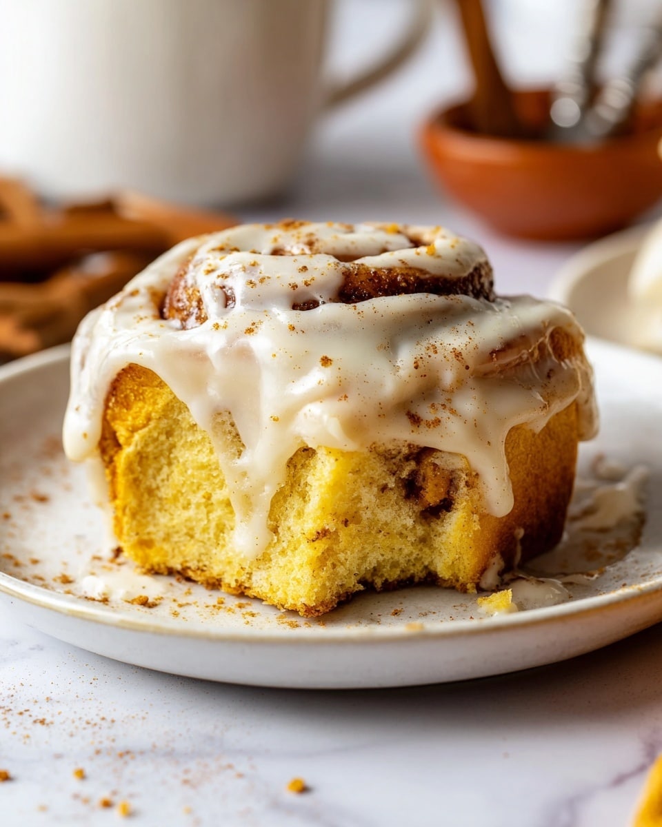 A sweet roll sits in the center of a white plate on a white marbled surface, showing a soft, fluffy golden-yellow inside with a spiral of cinnamon brown swirls near the base. The top is generously covered in creamy white icing with a smooth texture, dripping slightly down the sides and sprinkled with small brown cinnamon specks. The background includes blurred utensils and ingredients that suggest a warm, cozy kitchen setting. Photo taken with an iphone --ar 4:5 --v 7