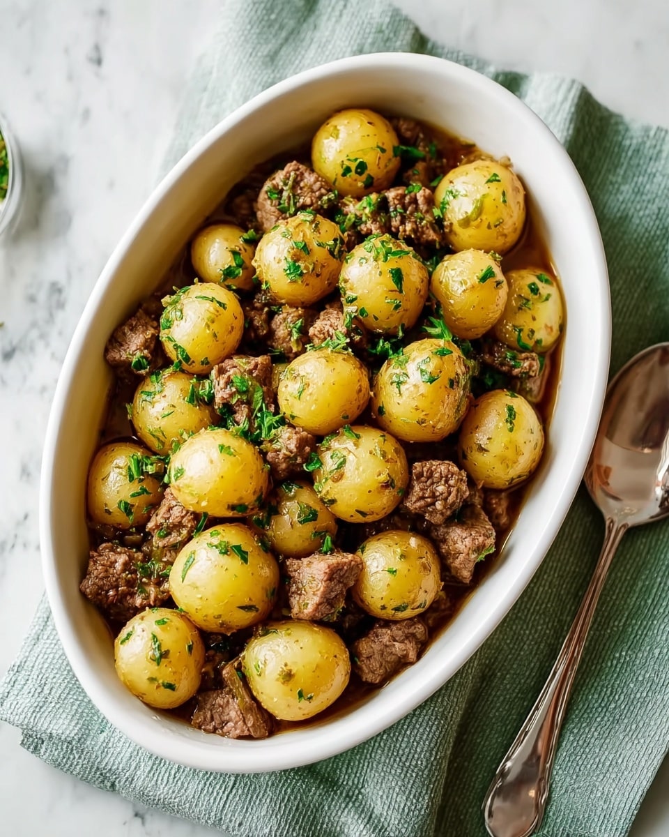 The image shows a white oval bowl filled with a stew made of two main layers. The first layer is made of small round golden potatoes with a smooth texture and some green herb flakes sprinkled on top. The second layer consists of chunks of brown cooked meat, slightly juicy with a rough texture, mixed evenly among the potatoes. The dish is garnished lightly with pieces of fresh green herbs. The bowl is placed on a light green cloth on a white marbled surface, and a silver spoon is on the right side of the bowl. photo taken with an iphone --ar 4:5 --v 7
