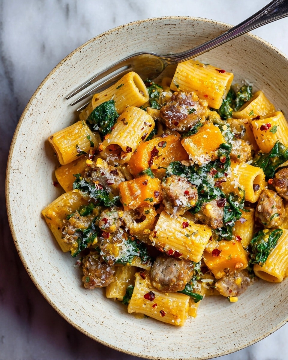 A white speckled bowl filled with short tube pasta mixed with chunks of orange squash, cooked sausage pieces, and wilted green spinach leaves. The pasta and vegetables are coated in a creamy orange-yellow sauce and sprinkled with grated cheese and red chili flakes. A silver fork rests on the left side inside the bowl. The bowl sits on a white marbled surface. photo taken with an iphone --ar 4:5 --v 7