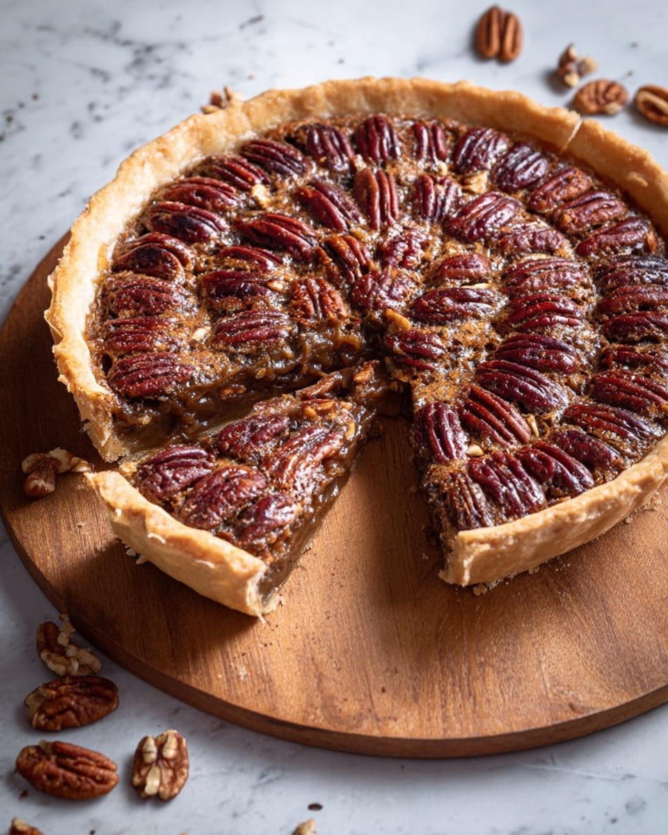A pecan pie with a flaky golden crust that is thick and rises slightly at the edges. The top layer is evenly covered with whole glossy pecans arranged in neat, tight concentric circles, showing deep reddish-brown and slightly cracked textures. Beneath the nut layer is a rich, glossy, dark caramel filling that looks sticky and smooth. The pie is placed on a round wooden board with some pecans scattered around it. The surface under the board has a white marbled texture. One slice is removed, revealing the thick, dense filling inside. photo taken with an iphone --ar 4:5 --v 7