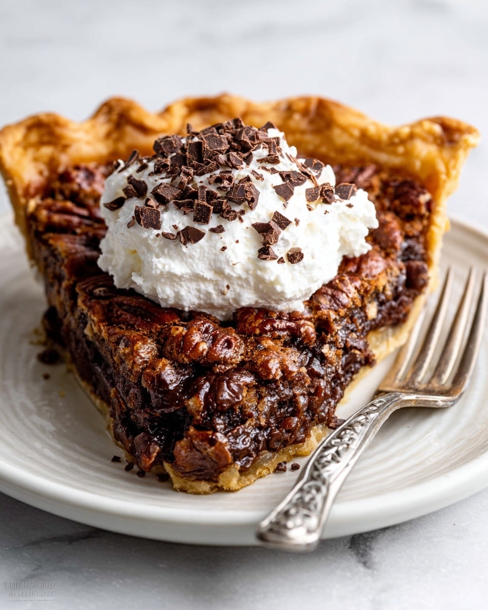 A deep pie with a golden brown crust that is thick and crimped around the edges. The top layer is dark brown with a mix of whole pecans and large, melted chocolate chips scattered evenly. The surface has a shiny texture from the melted chocolate and small grains of coarse salt are sprinkled on top, adding a bit of contrast and sparkle. The pie is in a clear glass pie dish placed on a white marbled texture. photo taken with an iphone --ar 4:5 --v 7