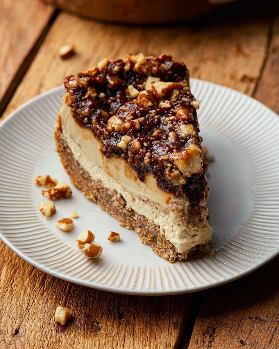 A slice of pie sits on a white plate with ridged edges placed on a wooden surface. The pie has three main layers: at the bottom is a light brown crust with a crumbly texture, the middle layer is thick and creamy with a beige color, and the top layer is dark brown and dense, mixed with chunks of nuts. On the side and partly covering the slice is a sticky, shiny, dark caramel layer with lots of nuts embedded in it, creating a rough texture. There are small nut pieces scattered around the plate on the wooden surface. Photo taken with an iphone --ar 4:5 --v 7