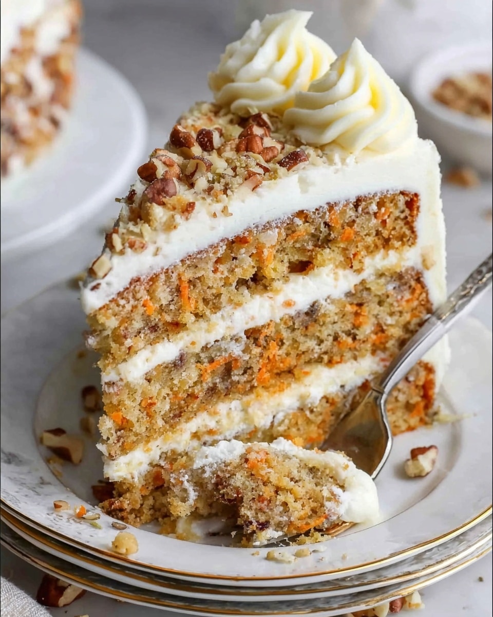 A slice of three-layer carrot cake sits on a white plate with a gold rim, placed on a white marbled surface. Each layer is light brown with visible bits of orange carrot and small nuts inside, separated by thick, creamy white frosting. The top layer is covered with the same frosting, decorated with chopped nuts on one side and a swirl of creamy frosting on the corner. A silver fork pokes into the bottom cake layer, and loose nuts are scattered around the plate. The background is soft and blurred, emphasizing the cake. Photo taken with an iphone --ar 4:5 --v 7