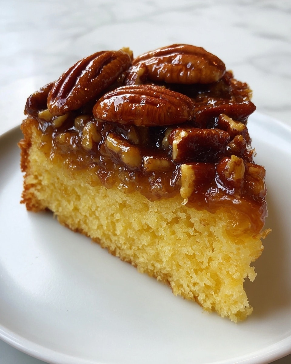 A single thick slice of yellow cake with a moist, soft texture forms the bottom layer, topped with a shiny, sticky layer of caramelized syrup that holds a generous heap of glossy, dark brown pecan halves. The cake is placed on a plain white plate, all set against a white marbled surface. The photo taken with an iphone --ar 4:5 --v 7