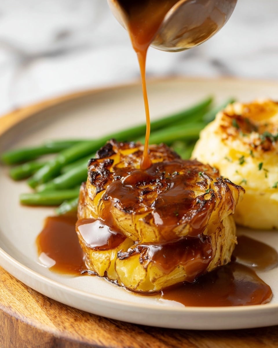 The image shows a white plate with three main parts: two golden brown, crisp potato slices stacked with a rich, shiny brown sauce being poured over the top slice, flowing down its textured and slightly charred surface; behind the potatoes, there is a pale yellow, round dollop of mashed potatoes with a browned top; to the side, there is a small pile of bright green, cooked green beans. The plate rests on a wooden board and the background is a white marbled texture. photo taken with an iphone --ar 4:5 --v 7