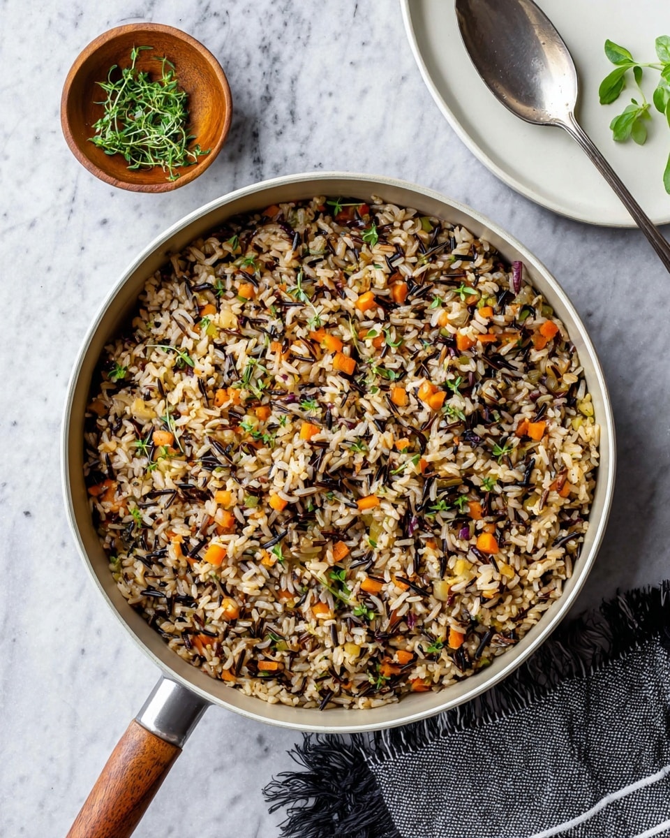 A pan filled with a mixed rice dish showing about three layers of cooked rice grains together with small orange carrot pieces, green herbs, and darker wild rice strands scattered throughout. The rice mixture looks fluffy and moist with a mix of light brown, orange, green, and deep purple colors evenly spread. To the top left of the pan, there is a small wooden bowl with fresh green leafy herbs and a loose leafy sprig next to it. To the top right of the pan, part of an empty oval white plate with a silver spoon resting on its edge is visible. The pan and items rest on a white marbled surface, and a black-and-white fringed cloth is partly visible at the lower right. Photo taken with an iphone --ar 4:5 --v 7