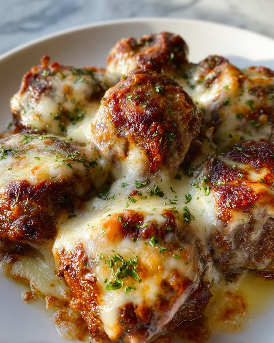 A close-up view of six round meatballs in a dark round pan, each meatball covered with melted light yellow cheese that appears soft and slightly browned on top, with small green herb sprinkles scattered over them. The meatballs have a textured dark brown crust with some shiny sauce pooling around the bottom, creating a moist look. The background shows a white marbled surface out of focus, and warm light highlights the meatballs' glossy texture. photo taken with an iphone --ar 4:5 --v 7