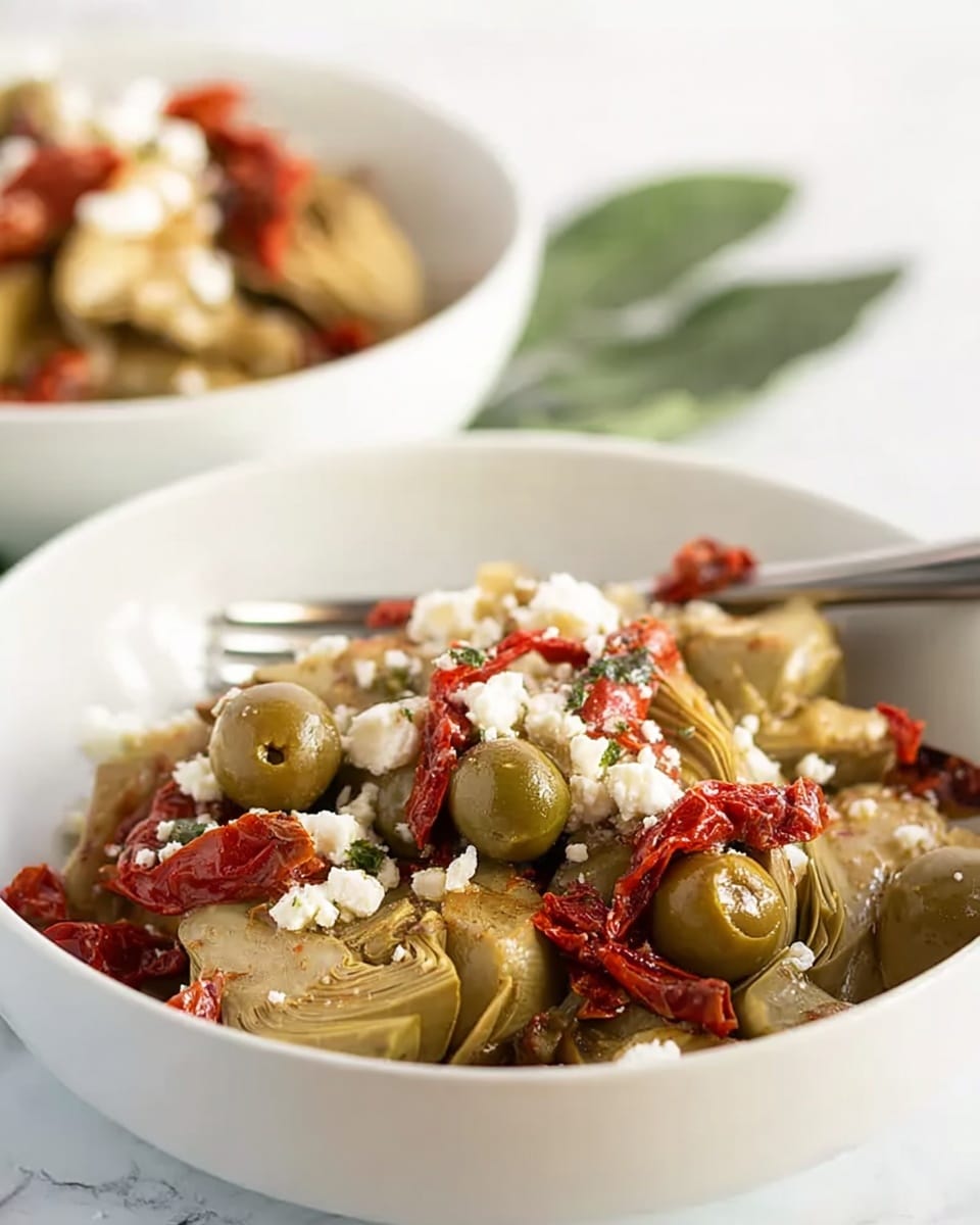 A white bowl filled with a dish featuring a base layer of cooked artichoke hearts that have a light brown, soft texture. Scattered across the artichokes are small green olives and bright red sun-dried tomato pieces, adding pops of color and a slightly wrinkled texture. Crumbled white cheese is sprinkled over all the ingredients, creating a contrast against the reds and greens. In the background, you can see another white bowl with the same dish slightly out of focus, placed on a white marbled surface. A silver fork rests inside the front bowl, and some green leaves peek faintly behind the bowl. The photo taken with an iphone --ar 4:5 --v 7