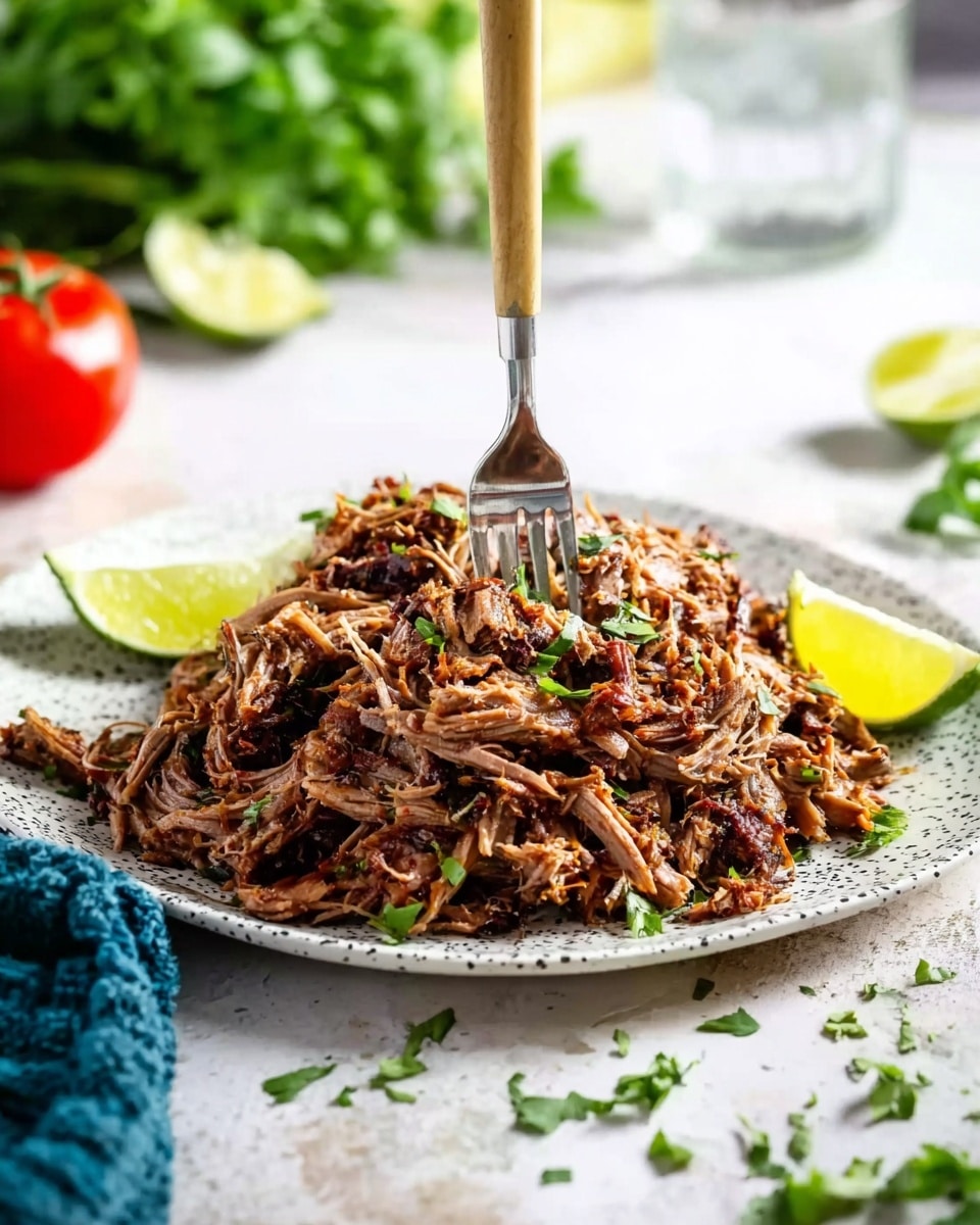 A plate with a pile of shredded brown meat with some green herbs mixed in, giving it a fresh look. The meat looks tender and juicy, with dark and light brown shades and some bits that look crispy. A silver fork with a light wooden handle is stuck in the middle of the meat, standing upright. Around the plate, there are wedges of green lime and yellow lemon, adding color contrast. The plate is white with black dots, set on a white marbled surface with some scattered green herbs and a blue cloth nearby. In the blurry background, there is a red tomato, a green bunch of herbs, and a glass of water, all softly lit by natural light. photo taken with an iphone --ar 4:5 --v 7