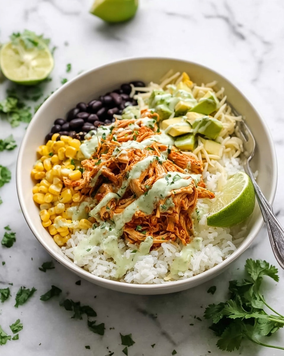 A white bowl sits on a white marbled surface filled with a layered dish. The bottom layer is white rice covering most of the bowl. On top of the rice is a heap of shredded orange-brown chicken drizzled with creamy green sauce and sprinkled with small green herb pieces. Around the chicken, four sections form a circle with black beans on the left, yellow corn on the right, light green chunks of avocado at the top left, and white shredded cheese or a similar topping behind the chicken. A bright green lime wedge rests on the right side, partially on the rice. A silver fork lies inside the bowl near the corn. Some green herb leaves are scattered on the surface outside the bowl. Photo taken with an iphone --ar 4:5 --v 7