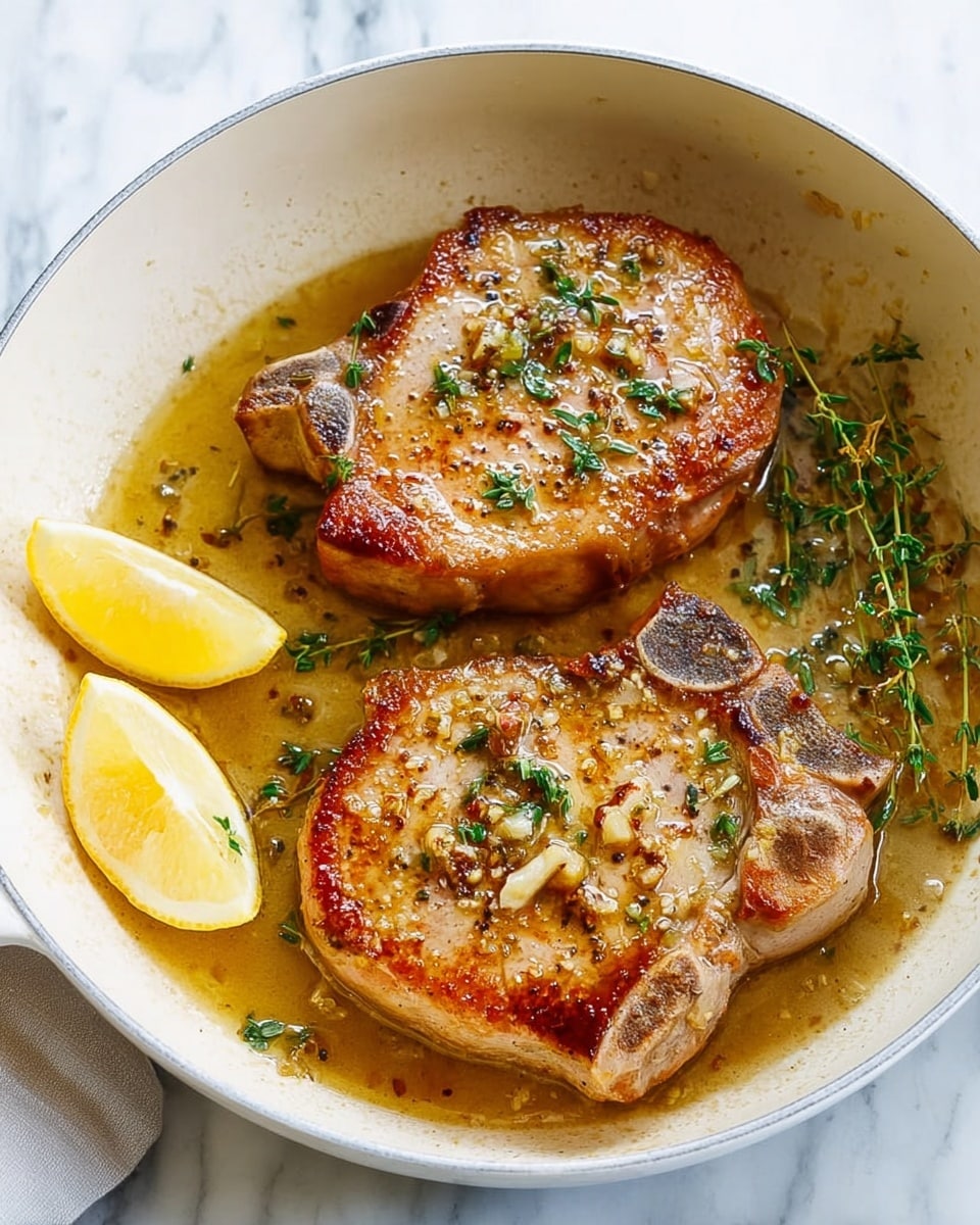 Two golden brown cooked pork chops with a slightly crispy surface sit in a white pan filled with a light golden sauce. Small green thyme sprigs and bits of chopped garlic are scattered on top of the pork chops. Next to the pork chops on the left side of the pan, there are two lemon wedges with a bright yellow color. The pan rests on a white marbled surface. photo taken with an iphone --ar 4:5 --v 7