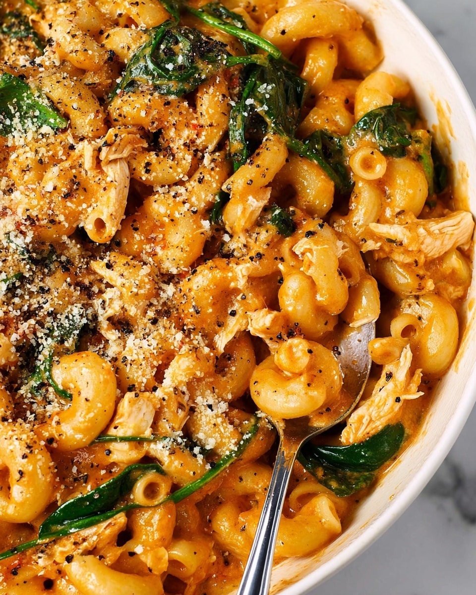 The image shows a close-up of a dish with creamy elbow pasta coated in a rich orange sauce, mixed with pieces of cooked chicken and wilted spinach leaves scattered throughout. The dish is topped with a sprinkle of grated cheese and cracked black pepper, all served in a white bowl resting on a white marbled surface. A silver spoon is partially submerged in the pasta, ready to serve, and the textures of the sauce and cheese are visibly creamy and slightly grainy. Photo taken with an iphone --ar 4:5 --v 7