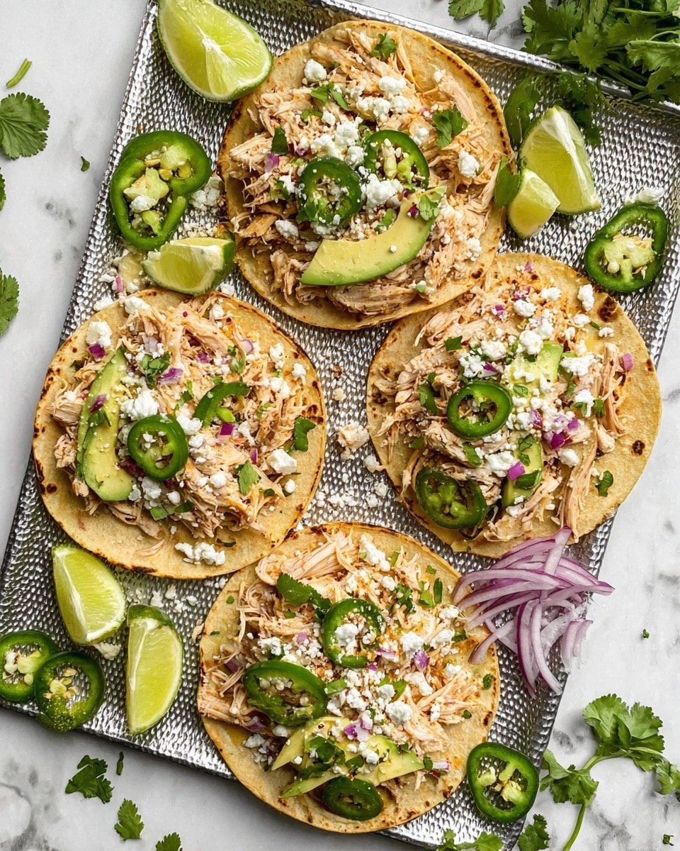 The image shows five small, lightly toasted tortillas placed on a white plate with a textured silver tray underneath. Each tortilla is layered with shredded light brown chicken, sprinkled with white crumbly cheese, finely chopped purple onions, and small green cilantro leaves. On top of the ingredients, there are green jalapeño slices and chunks of light green avocado. Around the plate, there are scattered lime wedges, thin slices of red onion, green jalapeños, and sprigs of cilantro on a white marbled surface. The colors are bright and fresh, and the food looks arranged neatly for a tasty presentation. photo taken with an iphone --ar 4:5 --v 7