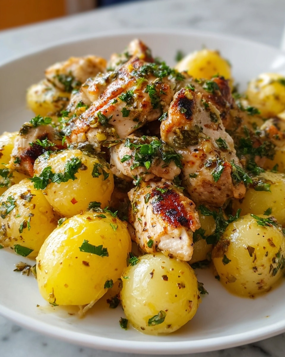 The image shows a white plate filled with a warm dish featuring two main layers: a bottom layer of small, pale yellow potatoes with a soft texture, and a top layer of grilled chicken pieces that are golden brown with visible char marks. Both layers are covered in fresh green chopped herbs, adding a bright contrast and a sprinkle of seasoning. The food looks moist with a light coat of sauce that reflects gentle light. The edges of the plate and parts of the white marbled surface underneath are visible. Photo taken with an iphone --ar 4:5 --v 7