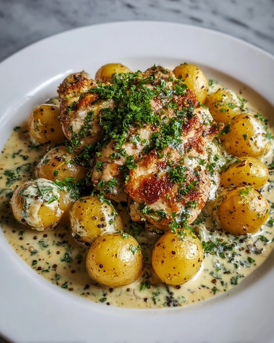 The dish shows one main layer of golden brown cooked chicken pieces topped with fresh chopped green herbs, placed in the center of a white plate. Surrounding the chicken is a layer of small round yellow potatoes coated in a creamy sauce mixed with finely chopped green herbs and black pepper flakes. The creamy sauce pools slightly under the chicken and potatoes, giving a moist and rich look to the dish. The white plate is set on a white marbled surface, and the photo is taken with an iphone --ar 4:5 --v 7