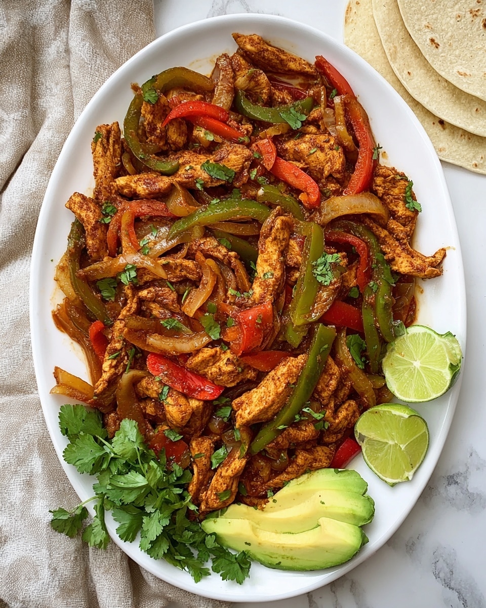 The image shows a white oval plate filled with cooked strips of seasoned chicken mixed with sautéed green and red bell peppers and translucent sautéed onion slices. The dish has a rich brown color from spices, with green cilantro leaves sprinkled throughout. Two lime wedges rest on the top right edge of the plate. At the bottom right, there are three slices of fresh avocado, and fresh cilantro sprigs are placed on the bottom left side of the plate. The plate is set on a white marbled surface, and part of a tortilla and beige cloth are visible near the top edge. photo taken with an iphone --ar 4:5 --v 7