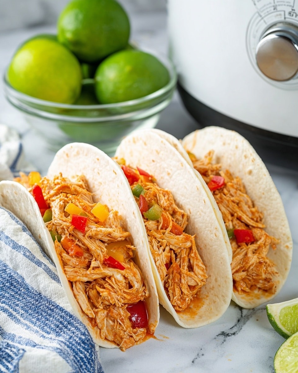 Three soft white tortillas are standing side by side, each filled with a mix of shredded orange-brown cooked chicken pieces and small chunks of red and yellow bell peppers. The texture of the chicken looks tender and slightly moist, while the bell peppers add bright pops of color. The tacos are placed on a white marbled surface with a blue and white striped cloth partially visible in the corner. In the background, a clear glass bowl filled with whole and halved bright green limes is visible, along with a white slow cooker with a dial on the right side. The scene has soft natural lighting highlighting the fresh ingredients photo taken with an iphone --ar 4:5 --v 7