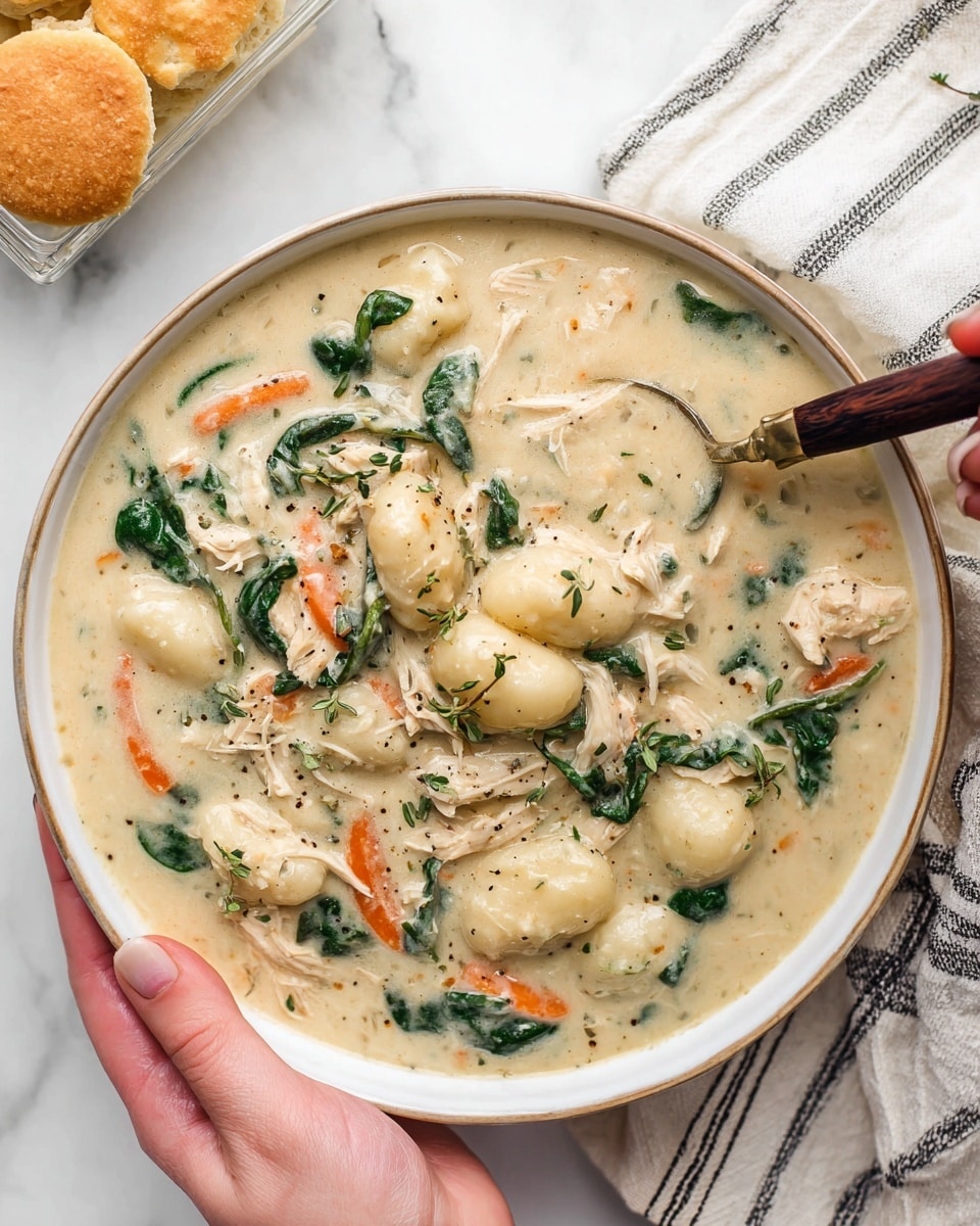 A white bowl filled with thick creamy soup that has a light beige color, containing soft gnocchi dumplings, shredded orange carrots, dark green spinach leaves, and shredded white chicken pieces mixed throughout. Small flecks of black pepper and fresh thyme leaves are sprinkled on top. A woman's hand holds the bowl at the bottom, while another woman’s hand holds a spoon with a dark wooden handle scooping some soup. The bowl is placed on a white marbled surface with a striped cloth napkin nearby and a piece of golden biscuit in a clear container visible in the top left corner. photo taken with an iphone --ar 4:5 --v 7