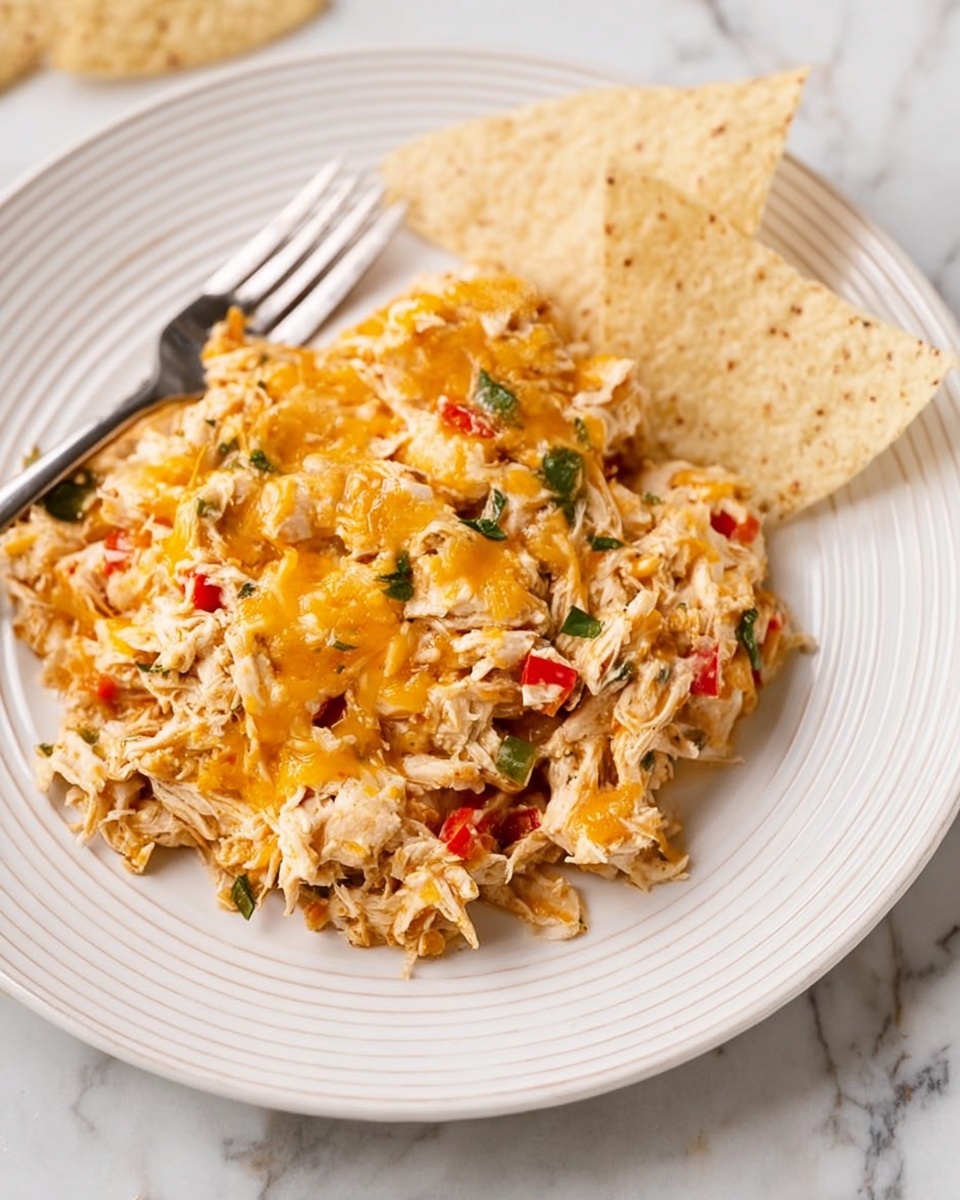 A close-up view of a baked casserole in a white rectangular dish, showing a top layer covered in melted yellow and white cheese mixed with small pieces of red and green bell peppers. Beneath the cheese, there are visible bits of shredded chicken mixed throughout a creamy sauce. The edges show a browned, slightly crispy layer where the sauce met the dish. Next to the casserole, there is a small white bowl filled with shredded cheese. The scene is set on a white marbled surface with part of a striped cloth napkin visible. photo taken with an iphone --ar 4:5 --v 7