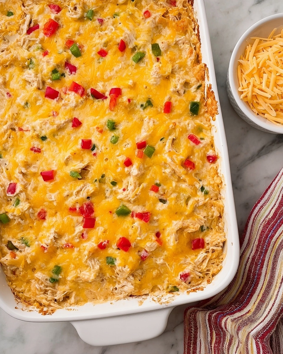 The dish on a white ridged plate shows a thick layer of shredded chicken mixed with melted light yellow and orange cheese scattered throughout. There are small pieces of green and red bell peppers mixed in the chicken, adding spots of color. The texture looks soft and slightly creamy. Two white corn tortilla chips sit at the back edge of the plate, leaning against the chicken. The plate rests on a surface with a white marbled texture. A silver fork lies on the left side of the plate, partially under the chicken. photo taken with an iphone --ar 4:5 --v 7