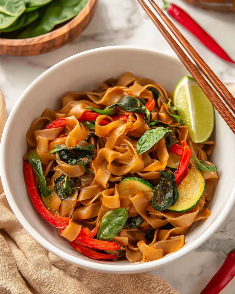 The image shows two white bowls filled with wide, light brown noodles mixed with bright red pepper strips, dark green basil leaves, and sliced green zucchini with yellow centers. One bowl is placed on a wooden board over a beige cloth with a pair of light brown chopsticks beside it. Both bowls have lime wedges on top of the noodles. Between the bowls, there is a small bowl with fresh green basil leaves. Around the bowls, there are halved limes, whole red chili peppers, and a cup of dark sauce, all set on a white marbled surface. The photo taken with an iphone --ar 4:5 --v 7