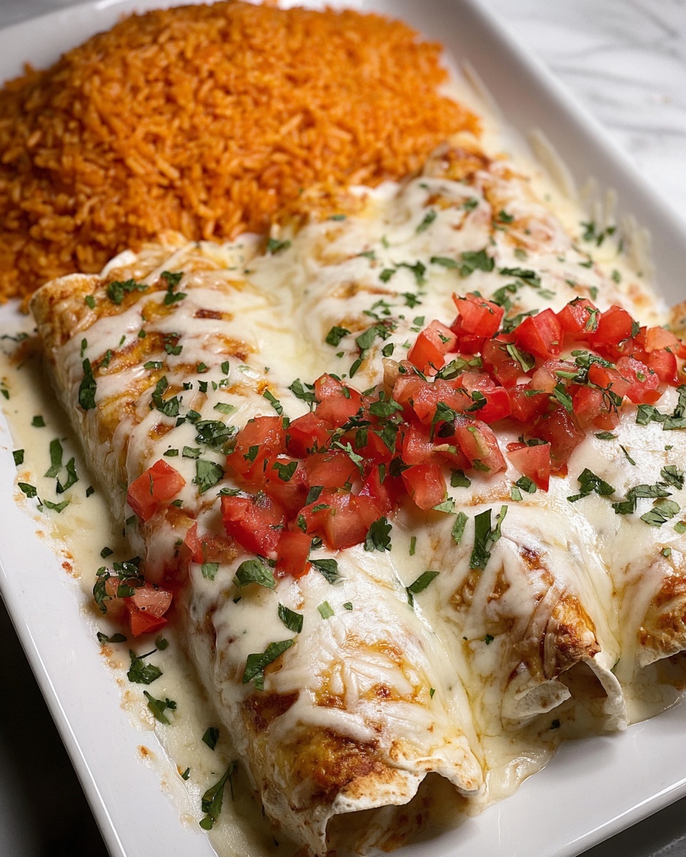 The image shows two rolled enchiladas covered with a creamy white sauce and melted cheese, topped with small red tomato pieces and green herbs. The enchiladas are placed side by side on a white rectangular dish, resting on a white marbled surface. On one side of the dish, there is a mound of orange Mexican-style rice with a textured, fluffy appearance. The creamy sauce has some red and green specks inside, and fresh chopped herbs are sprinkled over the top, adding a touch of green. Photo taken with an iphone --ar 4:5 --v 7