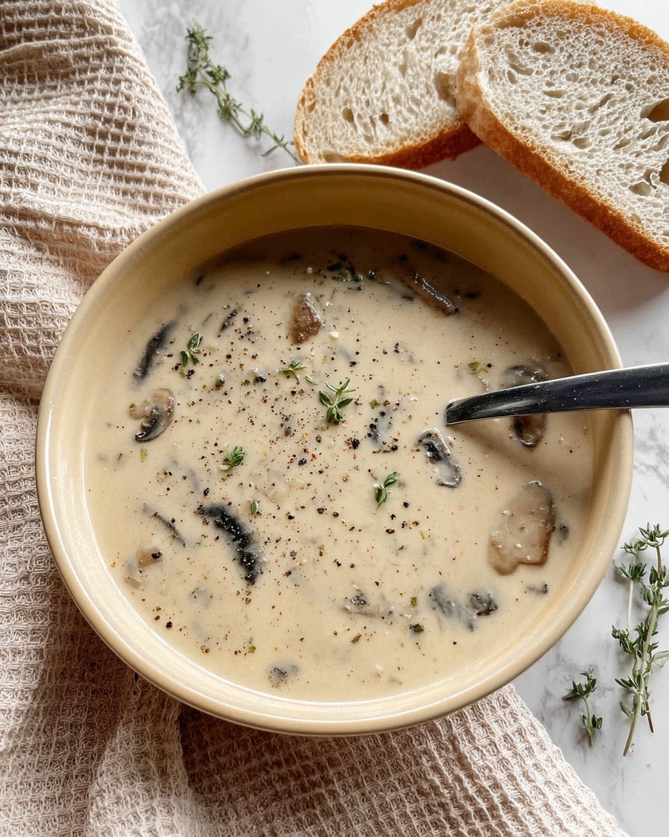 A close-up view of a spoon lifting creamy mushroom soup from a beige bowl filled with the thick soup. The soup is light beige with visible small chunks of dark mushrooms and specks of black pepper and herbs spread throughout. The background is a white marbled surface with two slices of toasted bread partially visible at the top. The spoon shows a thick layer of smooth, creamy soup with several pieces of mushrooms covered in the creamy texture. photo taken with an iphone --ar 4:5 --v 7