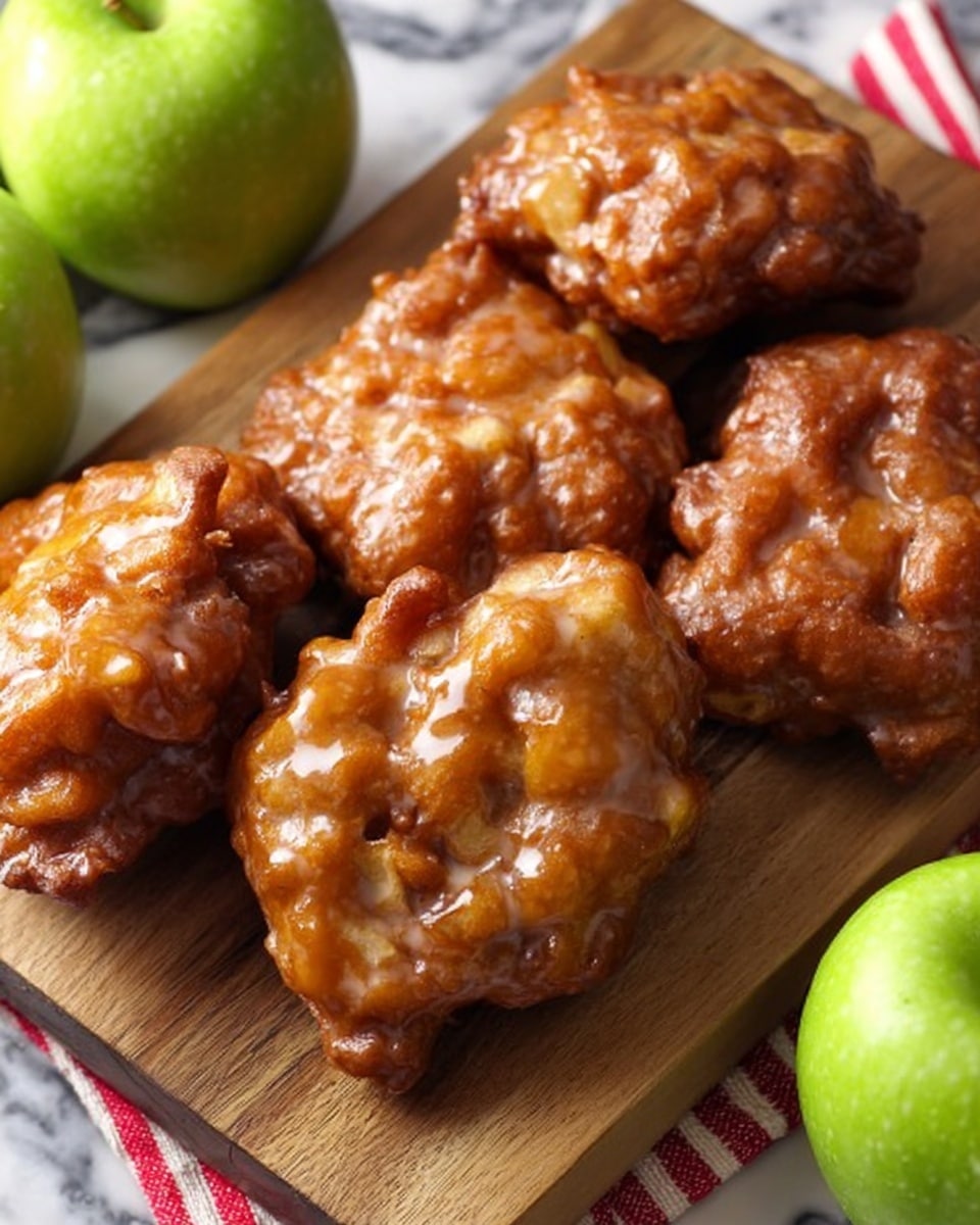 A close-up image of shiny, glazed apple fritters with a rough, uneven surface texture, showing small apple chunks embedded within. The fritters are a warm golden brown color with soft white glaze drizzled unevenly on top, giving them a slightly sticky look. They sit on a rustic brown wooden board, with more fritters blurred softly in the background. The whole scene is set on a white marbled surface, with a glimpse of a red and white checkered cloth in the corner. photo taken with an iphone --ar 4:5 --v 7