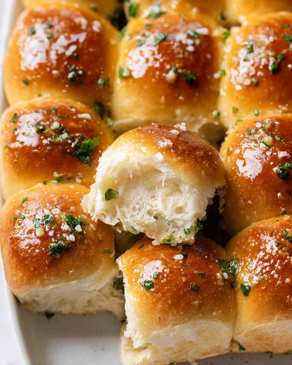 The image shows a close-up view of nine golden brown dinner rolls arranged in a 3x3 grid, each with a shiny, slightly glazed top. The rolls are soft and puffy with a light, fluffy texture visible along the edges where they meet. Small pieces of chopped green parsley and bits of minced garlic are sprinkled generously over the top of every roll, giving a fresh and flavorful look. The background is a white marbled surface, enhancing the warm tones of the bread. photo taken with an iphone --ar 4:5 --v 7
