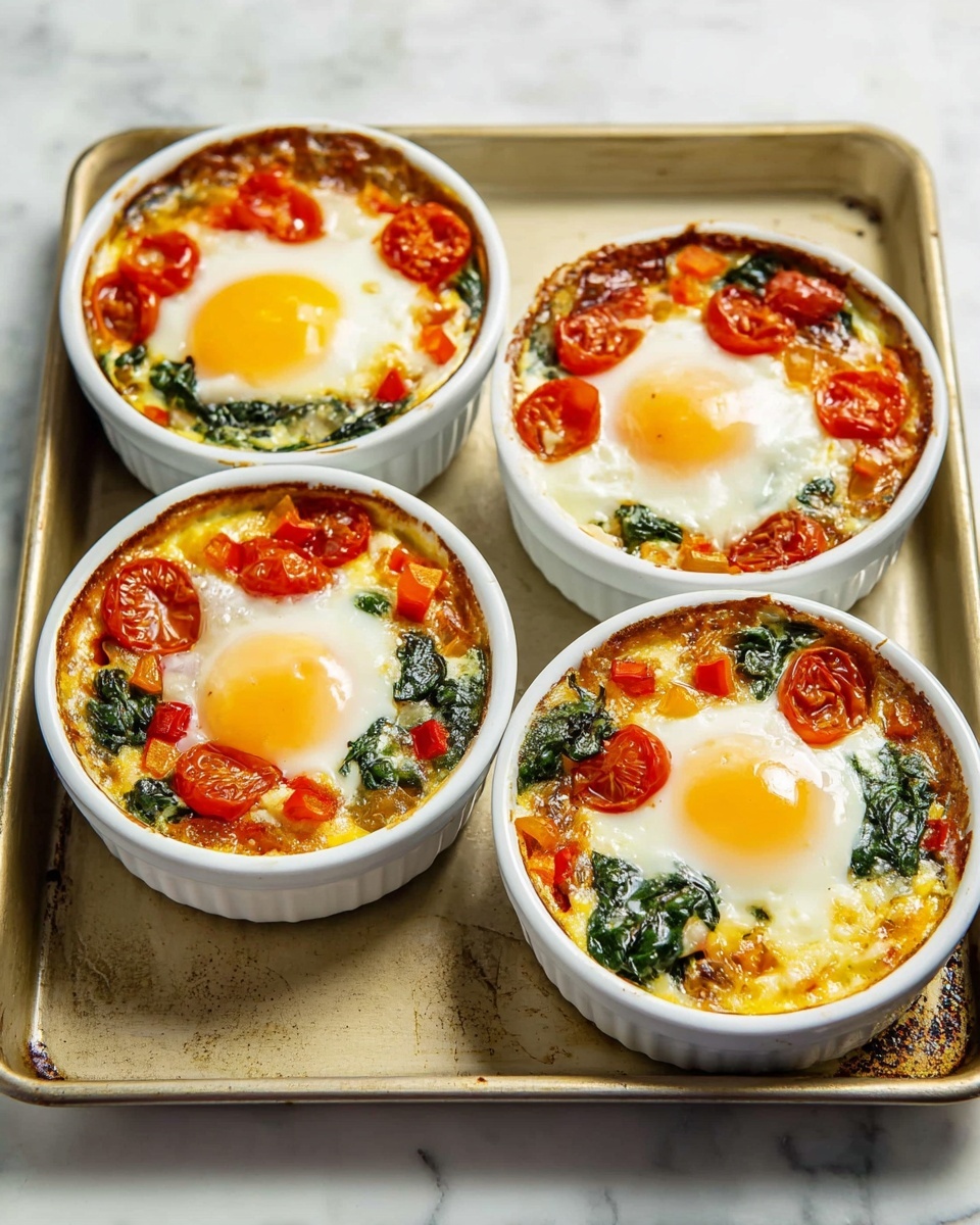 A white round ceramic dish holds a baked egg casserole with three layers visible: the bottom layer is a creamy, slightly golden sauce mixed with small pieces of green spinach and orange bell pepper, the middle layer shows soft cooked spinach leaves and roasted red cherry tomatoes scattered unevenly, and the top layer has a baked egg with a runny, bright yellow yolk and lightly browned white edges, sprinkled with chopped green herbs and black pepper. A woman's hand is dipping a piece of rustic brown bread into the casserole, showing the soft texture inside the bread. The dish sits on a white marbled surface with parts of two more similar dishes visible around it. Photo taken with an iphone --ar 4:5 --v 7