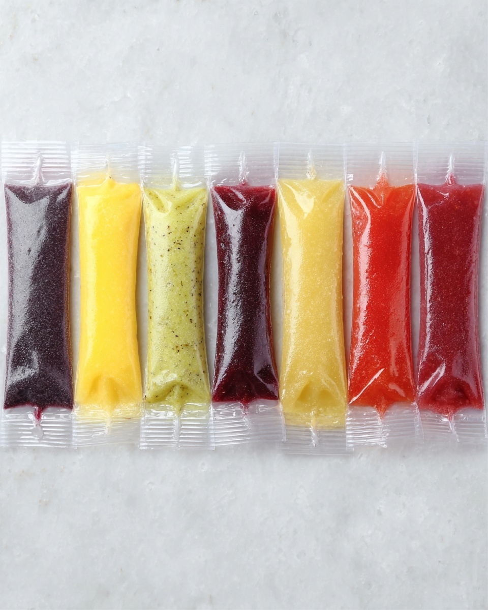 The image shows eight clear plastic pouches filled with different frozen fruit juices or purees, arranged in a straight horizontal line on a white marbled surface. Each pouch is sealed and has a V-shaped notch at the bottom. The colors of the contents from left to right are dark purple, pale yellow, bright yellow, light green with small dark specks, bright red, dark purple, pale yellow, and bright red. The texture inside each pouch looks smooth and icy. photo taken with an iphone --ar 4:5 --v 7
