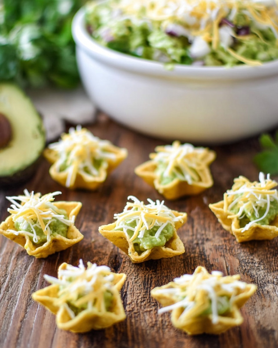 The image shows small star-shaped corn chips arranged on a rustic wooden surface. Each chip holds three visible layers: the base layer is the pale-yellow chip, next is a light green creamy guacamole filling with a smooth texture, and the top layer is a mix of shredded light yellow and white cheese sprinkled unevenly over the guacamole. In the background, there is a large white bowl filled with more guacamole topped with shredded cheese, with some green leafy herbs nearby. The setting is bright and fresh, and the focus is mainly on the front chips. photo taken with an iphone --ar 4:5 --v 7