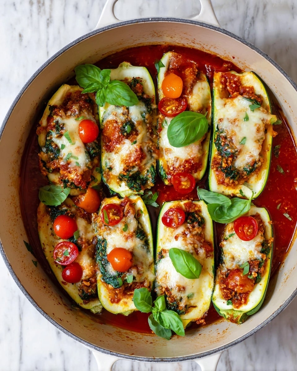 A white round pot contains seven zucchini halves filled with layers. The bottom layer is a bright red tomato sauce covering the base. Each zucchini half has a green outer skin and pale green inside with a topping of a brown chunky vegetable mix, soft white cheese dollops, and small spinach leaves scattered on top. Bright red and orange cherry tomato pieces and fresh green basil leaves decorate the top. A silver spoon with a reddish-brown wooden handle rests inside the pot, slightly covered by the ingredients. The pot is placed on a white marbled surface with a white cloth partially visible in the background photo taken with an iphone --ar 4:5 --v 7