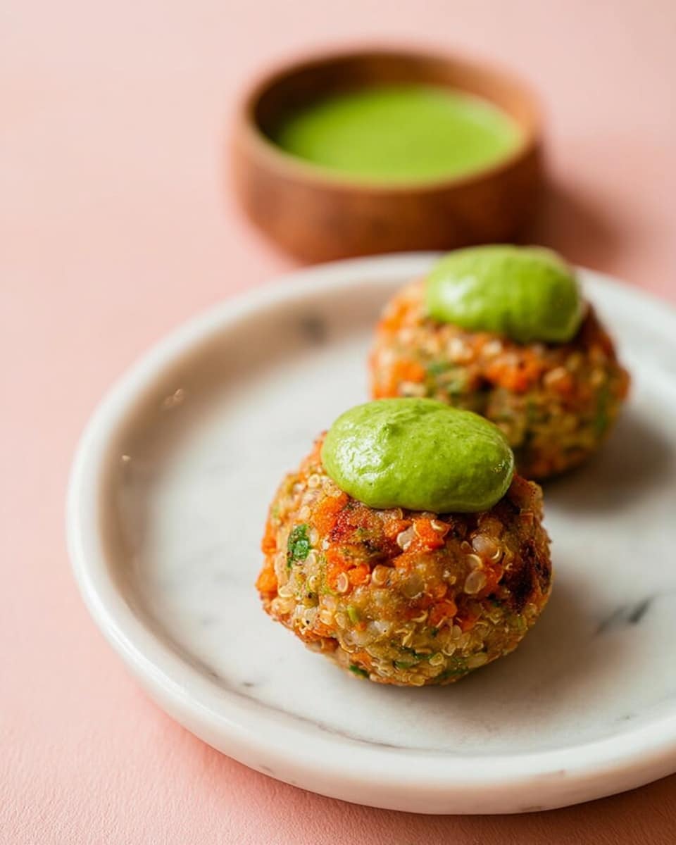 The image shows several round meatballs with a chunky green sauce on top, placed on a white plate. Each meatball is orange-brown with bits of green inside, and the green sauce is thick and creamy, sitting in a dollop on each meatball. One meatball is lifted by a pair of wooden chopsticks held by a woman's hand from the top right, with the green sauce clearly visible on it. The plate is on a light pink surface, and a small bowl filled with the same green sauce is blurred in the background. The photo has bright natural light that makes the colors stand out sharply. Photo taken with an iphone --ar 4:5 --v 7