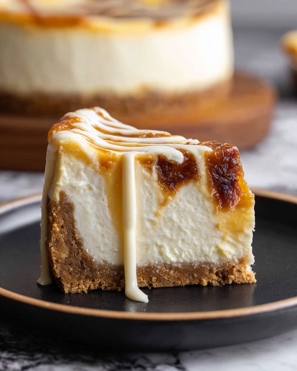 Apple Butter Cheesecake Recipe 5 A slice of pie with three main layers is shown on a white plate with a white marbled texture background. The bottom layer is a crumbly, golden-brown crust that forms the base and sides of the pie. Above that is a thick, creamy white filling that looks smooth and soft. The top layer has dark brown swirls mixed into the white filling, giving it a marbled effect. A silver fork is holding a piece of the pie, showing the soft texture of the creamy inside. Photo taken with an iphone --ar 4:5 --v 7