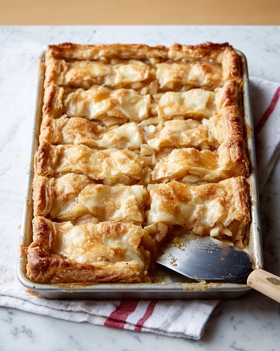 Apple Slab Pie Recipe 5 The image shows a close-up of a slice of apple pie being lifted from a white tray on a white marbled surface. The pie has two thick layers of flaky, golden-brown crust on the top and bottom, with visible layers of tender, soft apple pieces inside that have a light brown, slightly juicy texture. The edges of the crust are crimped, and the top crust has a slightly uneven, homemade look with some crisp, flaky bits. The background shows the rest of the pie in the tray, partially blurred. Photo taken with an iphone --ar 4:5 --v 7