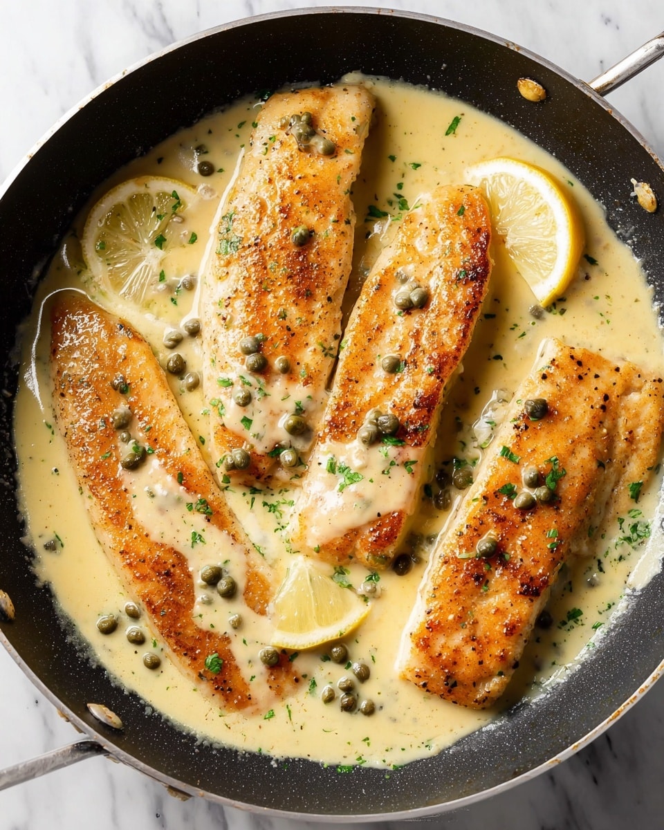 Creamy Salmon Piccata Recipe 5 The image shows four golden brown fish fillets in a black pan filled with a creamy light yellow sauce. The sauce has small green herbs and capers scattered on top, with a lemon wedge placed near the top fillet. The pan is set on a white marbled surface, and the sauce has a smooth texture that partly covers the fish fillets, highlighting their crispy edges. Photo taken with an iphone --ar 4:5 --v 7
