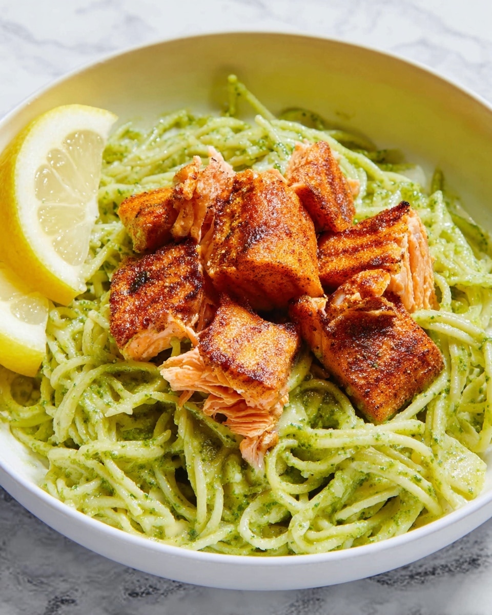 A white bowl holds a serving of spaghetti coated in green pesto sauce, giving the noodles a light, shiny green color and slightly coarse texture. On top, six pieces of cooked salmon with a crispy, browned surface are arranged, showing a mix of darker orange crust and lighter pink inside. A thinly cut lemon wedge sits on the side of the bowl, adding a bright yellow contrast to the dish. All of this is placed on a white marbled surface. Photo taken with an iphone --ar 4:5 --v 7