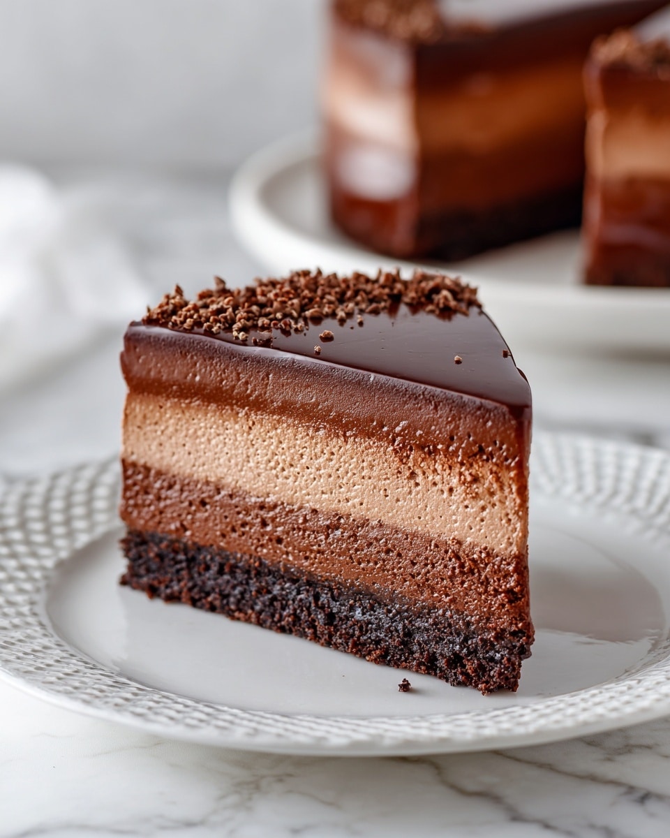 The image shows a rich chocolate pie with three clear layers. The bottom layer is dark and crumbly, like crushed cookies pressed into a base. Above that is a thick, smooth cream layer of light brown chocolate mousse. The top layer is a glossy, darker chocolate ganache that shines under the light, slightly soft-looking. The pie’s edges are decorated with crushed dark cookie pieces, adding texture around the smooth top. A slice of the pie sits on a white plate with a delicate textured border, showing the layers clearly from the side. The background is a white marbled surface. Photo taken with an iphone --ar 4:5 --v 7