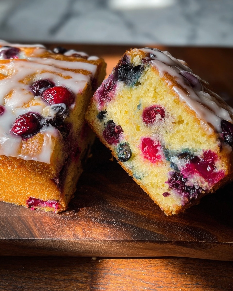 A piece of berry cake with two visible layers rests on a dark wooden board with sunlight shining on it. The bottom layer is yellow and moist, filled with vibrant berries that include red, purple, and blue colors mixed inside the cake. The top layer is golden brown with a soft crust, dotted with whole berries peeking out, and lightly drizzled with a thin white glaze. The background is a white marbled texture. Photo taken with an iphone --ar 4:5 --v 7
