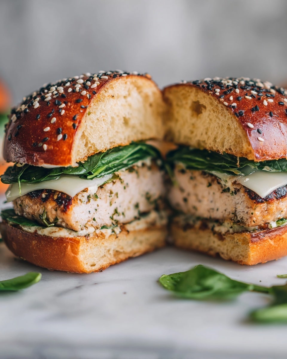 White Cheddar Spinach Chicken Burgers Recipe 5 A close-up of a sandwich with a shiny, golden brown bun sprinkled with white and black sesame seeds on top. The sandwich has four layers: at the bottom is a soft, lightly toasted bun, next comes a bed of fresh, dark green spinach leaves, followed by a thick, lightly browned chicken patty with visible green herbs mixed in. On top of the chicken patty is a slice of melted white cheese that slightly drapes over the patty's edge. The sandwich sits on a white marbled surface with a few spinach leaves scattered around. Photo taken with an iphone --ar 4:5 --v 7